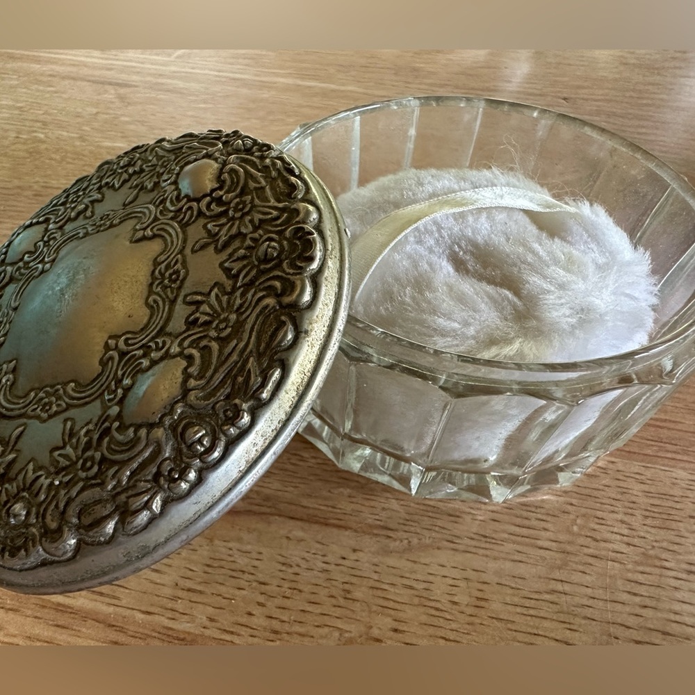 Vintage silver plated heavy crystal powder puff jar with mirrored lid